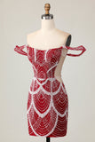 Off the Shoulder Bodycon Red Cocktail Dress with Sequins