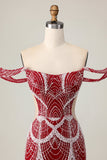 Off the Shoulder Bodycon Red Cocktail Dress with Sequins