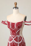 Off the Shoulder Bodycon Red Cocktail Dress with Sequins