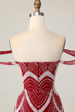 Off the Shoulder Bodycon Red Cocktail Dress with Sequins