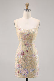 Apricot Floral Embroidered Bodycon Short Prom Dress