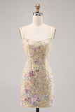 Apricot Floral Embroidered Bodycon Short Prom Dress