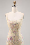 Apricot Floral Embroidered Bodycon Short Prom Dress