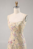 Apricot Floral Embroidered Bodycon Short Prom Dress