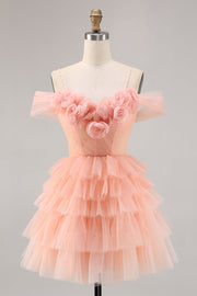 Cute Blush Tiered A Line Short Prom Dress with 3D Flowers