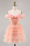 Cute Blush Tiered A Line Short Prom Dress with 3D Flowers