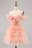 Cute Blush Tiered A Line Short Prom Dress with 3D Flowers