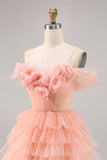 Cute Blush Tiered A Line Short Prom Dress with 3D Flowers