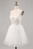 White Tulle A Line Short Prom Dress with Appliques