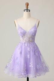 Purple A Line Tulle Cocktail Dress with Appliques