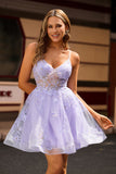 Sparkly Purple A-Line Spaghetti Straps Short Prom Dress with Appliques