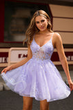 Sparkly Purple A-Line Spaghetti Straps Short Prom Dress with Appliques