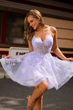 Sparkly Purple A-Line Spaghetti Straps Short Prom Dress with Appliques