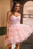 Pink A Line Corset Tiered Short Prom Dress with Sequins