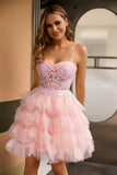 Pink A Line Corset Tiered Short Prom Dress with Sequins