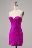 Strapless Fuchsia Bodycon Beaded Cocktail Dress