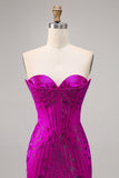 Strapless Fuchsia Bodycon Beaded Cocktail Dress