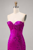 Strapless Fuchsia Bodycon Beaded Cocktail Dress