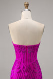 Strapless Fuchsia Bodycon Beaded Cocktail Dress