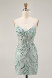 Green Beaded Bodycon Cocktail Dress with Lace Up Back