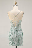 Green Beaded Bodycon Cocktail Dress with Lace Up Back