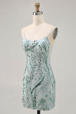 Green Bodycon Spaghetti Straps Beaded Cocktail Dress with Sequins