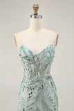 Green Beaded Bodycon Cocktail Dress with Lace Up Back