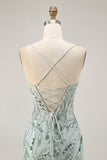 Green Beaded Bodycon Cocktail Dress with Lace Up Back