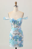 White Blue Flower Bodycon Off the Shoulder Sequins Cocktail Dress
