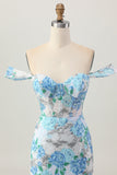 White Blue Flower Bodycon Off the Shoulder Sequins Cocktail Dress