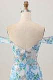 White Blue Flower Bodycon Off the Shoulder Sequins Cocktail Dress