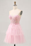 Strapless Pink A Line Corset Cocktail Dress with Appliques