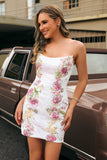 Sequins Floral Strapless Bodycon White Cocktail Dress