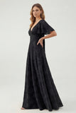 Green Floral A Line Short Sleeve Bridesmaid Dress