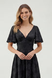 Green Floral A Line Short Sleeve Bridesmaid Dress