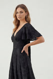 Green Floral A Line Short Sleeve Bridesmaid Dress