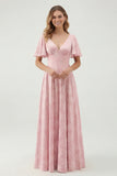 Green Floral A Line Short Sleeve Bridesmaid Dress