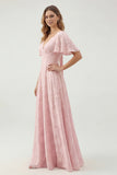 Green Floral A Line Short Sleeve Bridesmaid Dress