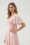 Green Floral A Line Short Sleeve Bridesmaid Dress