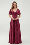 Green Floral A Line Short Sleeve Bridesmaid Dress