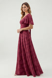 Green Floral A Line Short Sleeve Bridesmaid Dress
