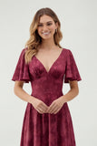 Green Floral A Line Short Sleeve Bridesmaid Dress