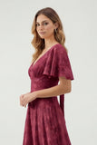 Green Floral A Line Short Sleeve Bridesmaid Dress