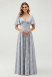 Green Floral A Line Short Sleeve Bridesmaid Dress