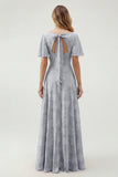 Green Floral A Line Short Sleeve Bridesmaid Dress