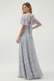 Green Floral A Line Short Sleeve Bridesmaid Dress