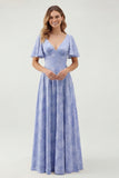 Green Floral A Line Short Sleeve Bridesmaid Dress