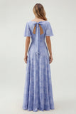 Green Floral A Line Short Sleeve Bridesmaid Dress