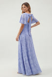 Green Floral A Line Short Sleeve Bridesmaid Dress
