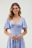 Green Floral A Line Short Sleeve Bridesmaid Dress